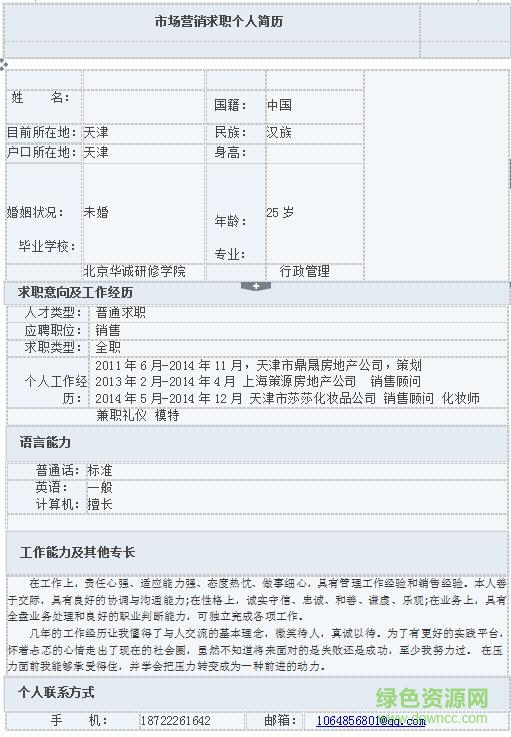 市場(chǎng)營銷簡歷模板  0