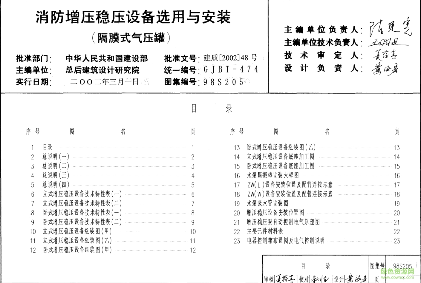 98S205消防增壓穩(wěn)壓設(shè)備選用及安裝圖集(隔膜式氣壓罐) pdf高清電子版 0