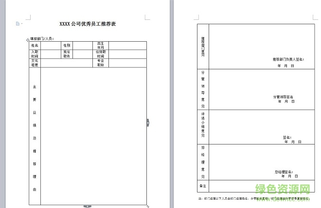 優(yōu)秀員工推薦表模板