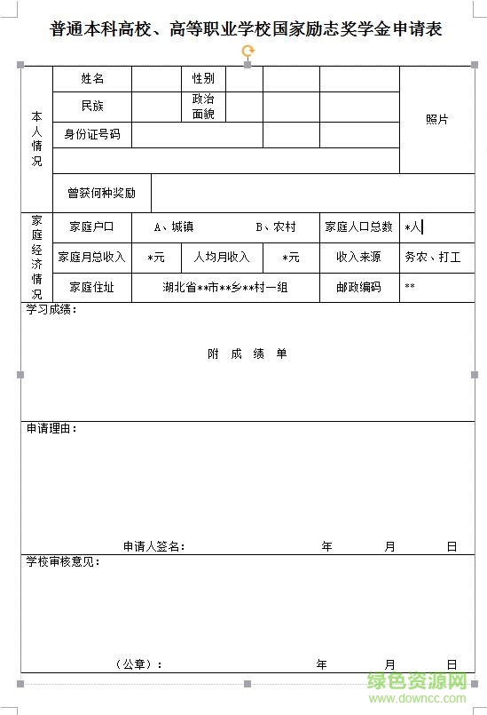 2018獎學金申請表模板