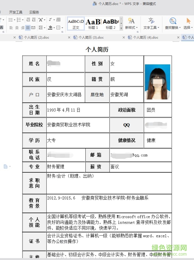2017個(gè)人簡歷模板word 完整版 4