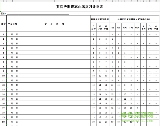 艾賓浩斯記憶表格excel